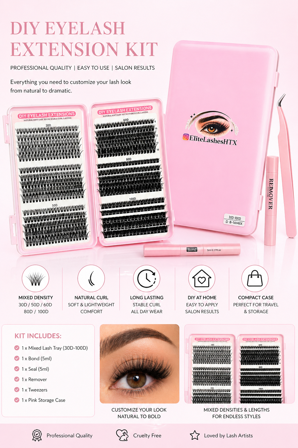EliteLashesHTX 640 Piece DIY Lash Cluster Kit – Mixed Volume Lash Extensions