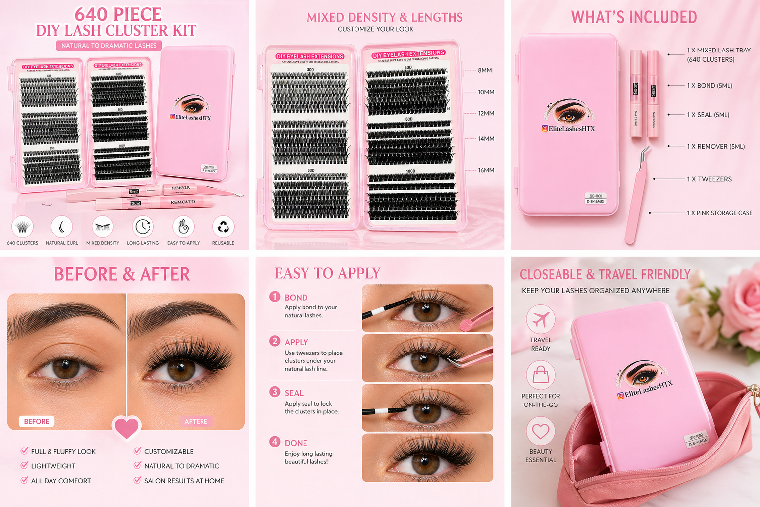 EliteLashesHTX 640 Piece DIY Lash Cluster Kit – Mixed Volume Lash Extensions