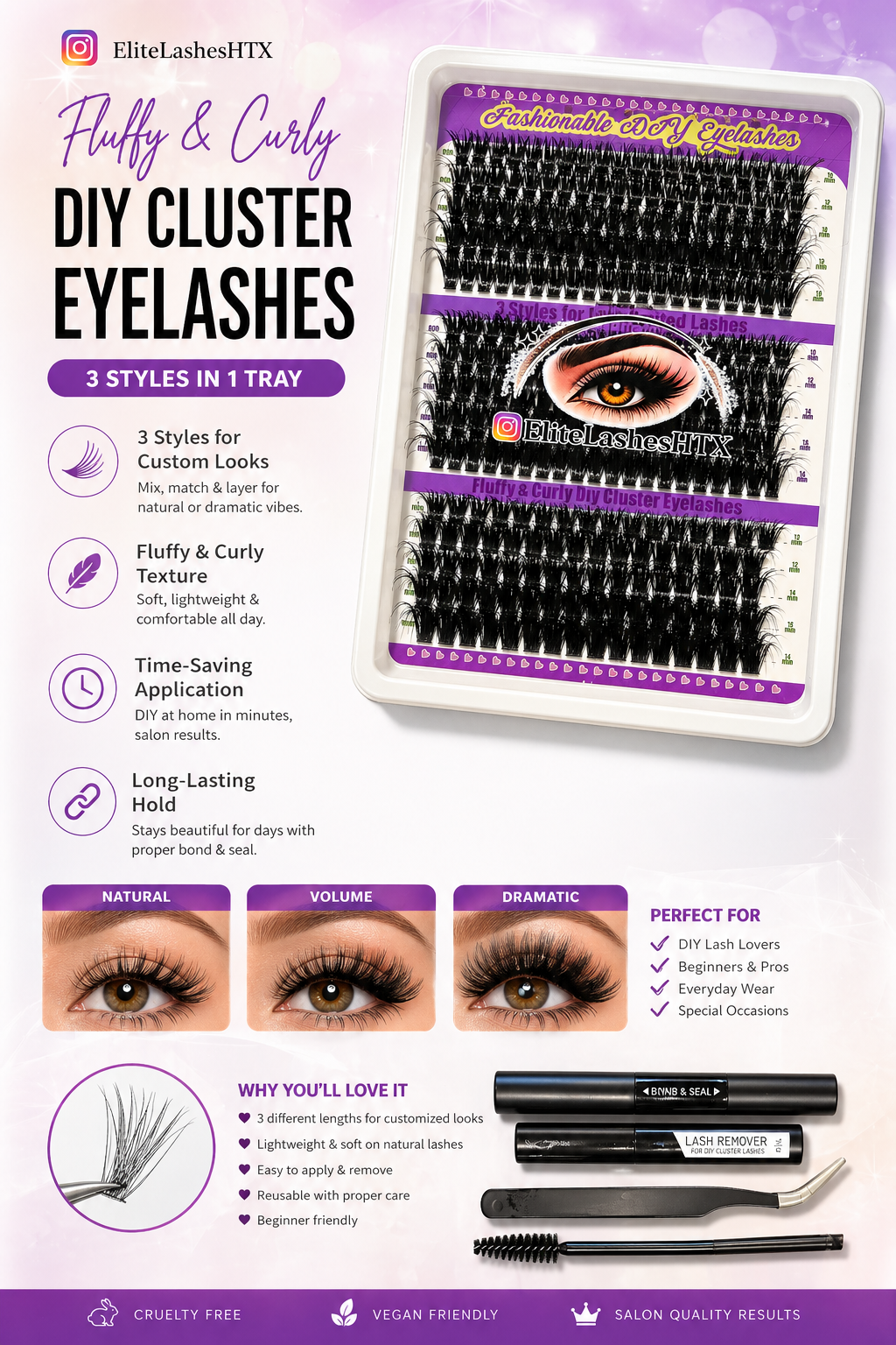 EliteLashesHTX 270 Cluster DIY Lash Kit – Fluffy & Curly 3 Style Tray