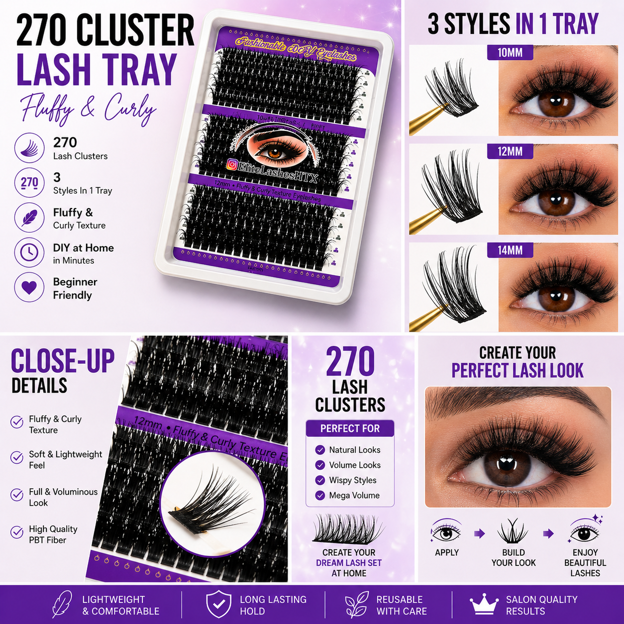 EliteLashesHTX 270 Cluster Lash Tray – Fluffy & Curly DIY Lash Extensions | 3 Styles in 1 Tray | Refill Lash Clusters Only