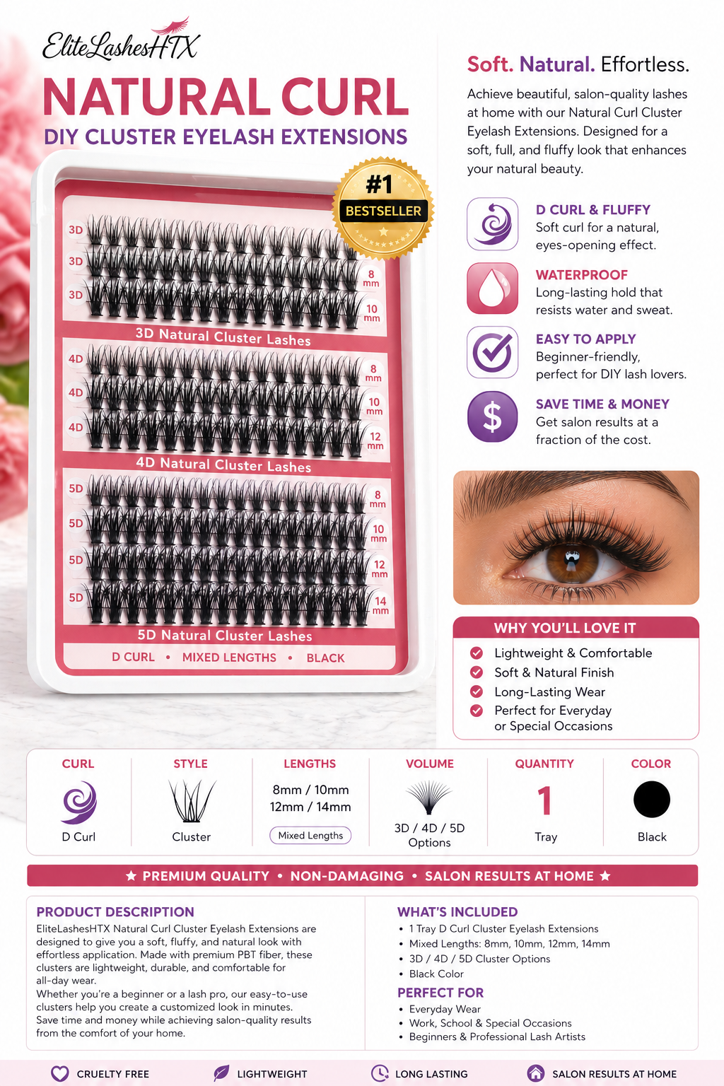 EliteLashesHTX Natural Curl DIY Cluster Lash Extensions – Mixed Lengths