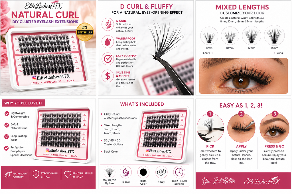 EliteLashesHTX Natural Curl DIY Cluster Lash Extensions – Mixed Lengths